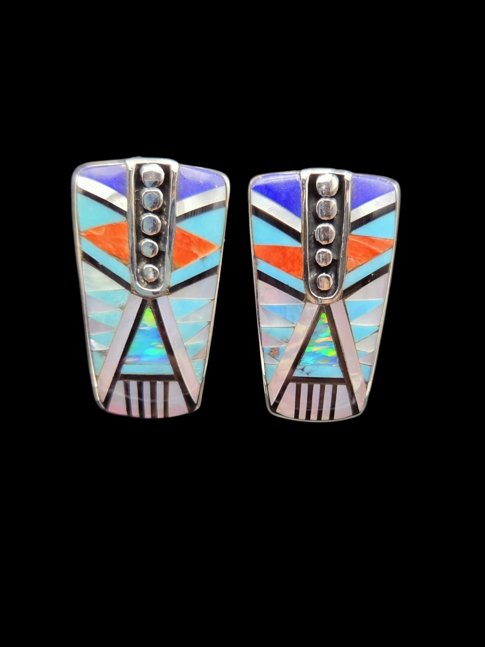 Sterling Silver Multicolor Inlay Geometric Earrings — Blue, Turquoise & Orange